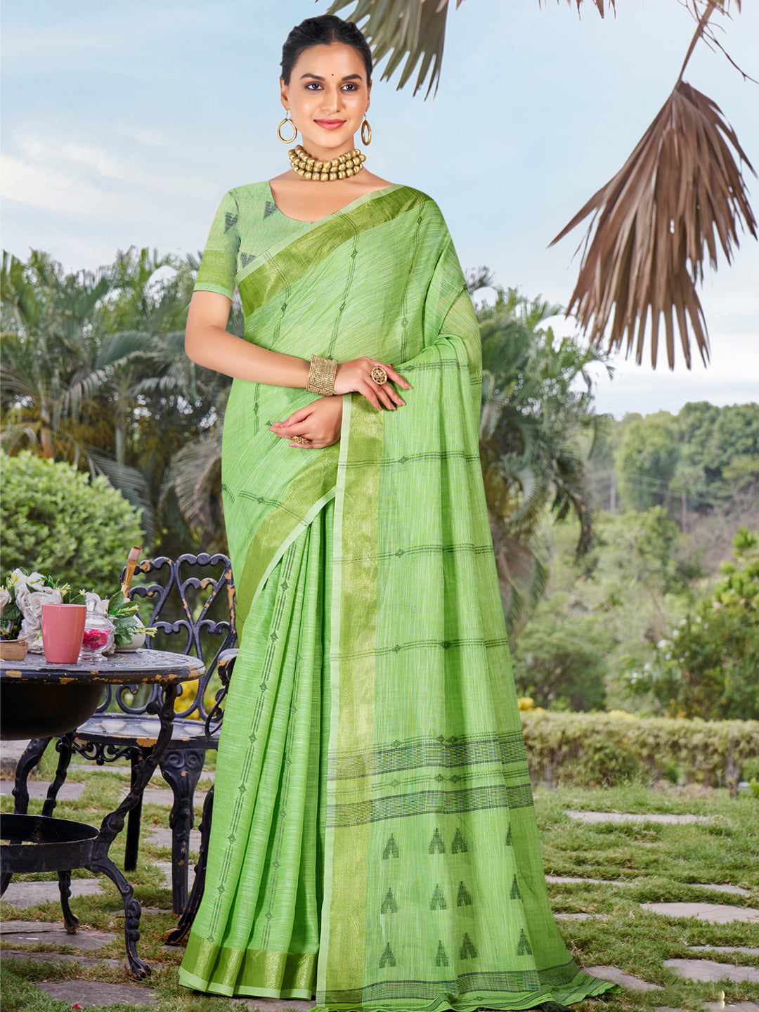 Green Cotton Woven Work Party Wear Saree - Sangam Prints