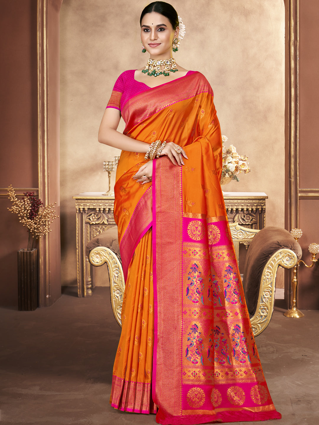 Women's Orange Silk Woven Work Saree - Sangam Prints