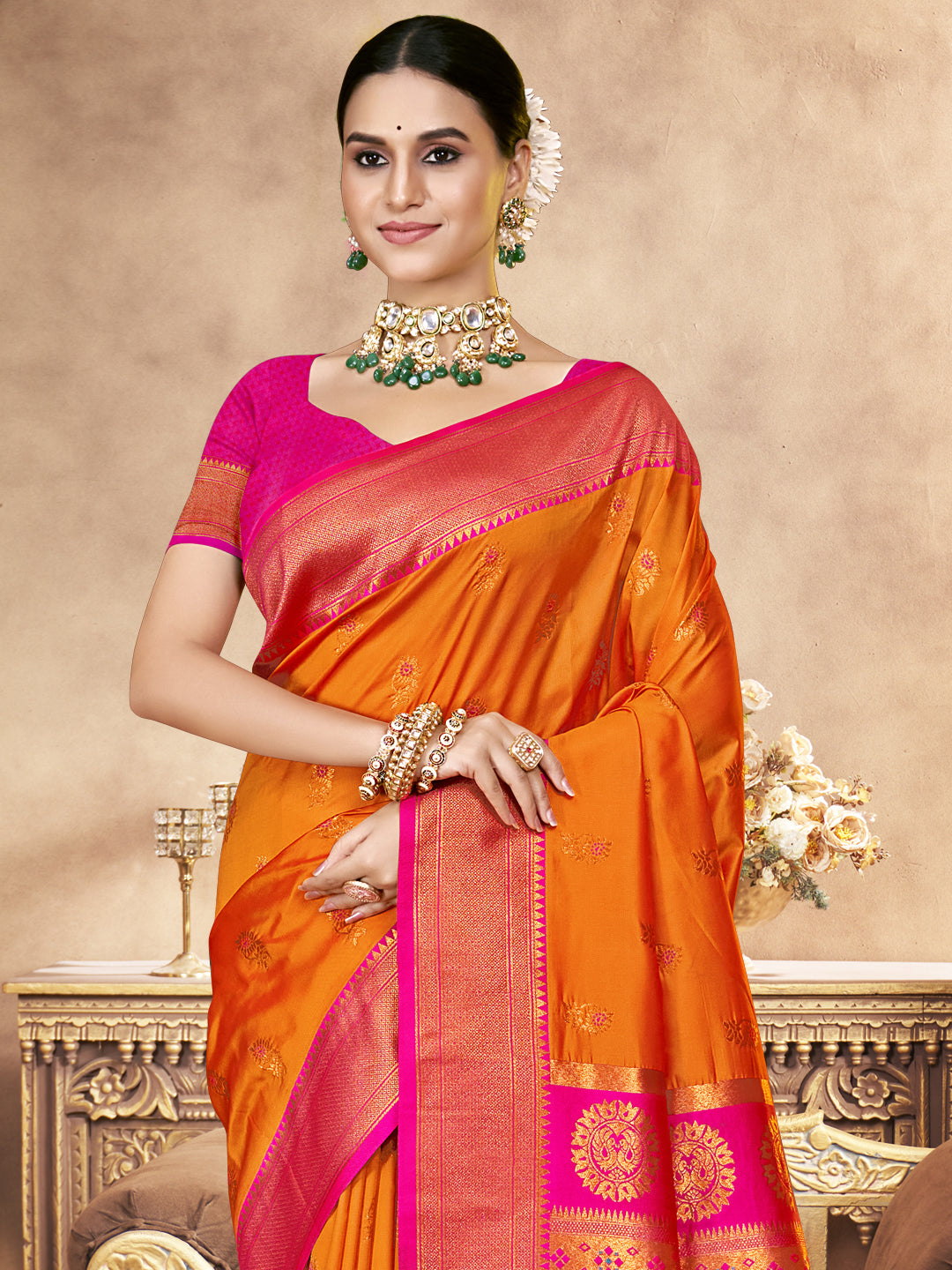 Women's Orange Silk Woven Work Saree - Sangam Prints