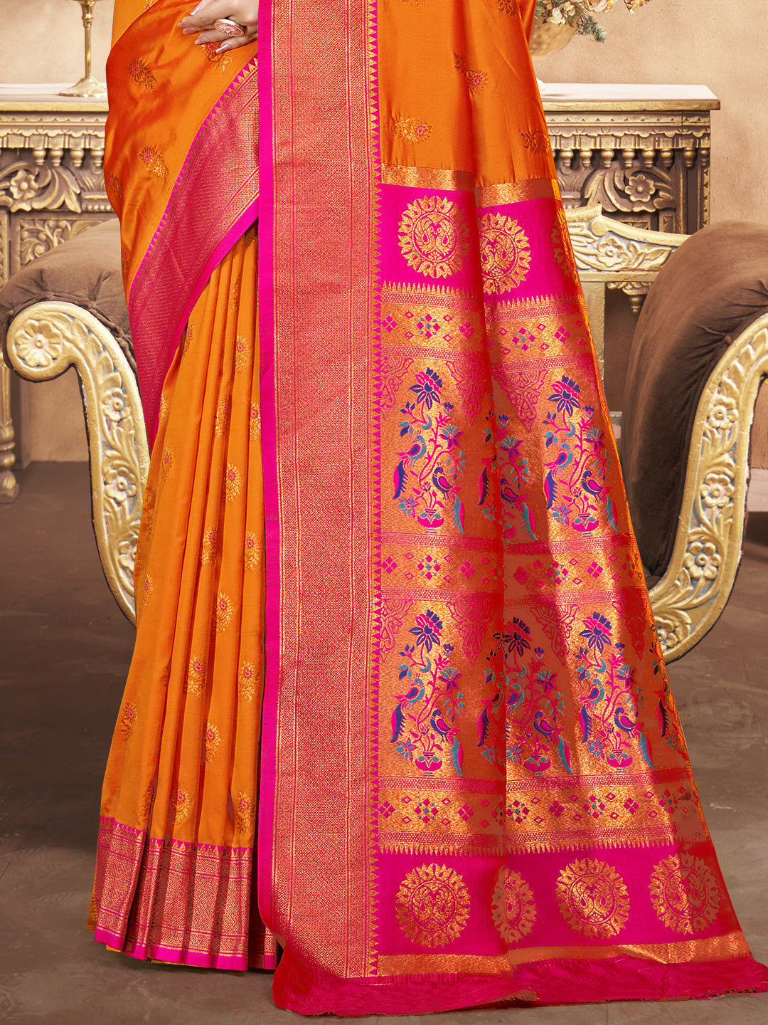 Women's Orange Silk Woven Work Saree - Sangam Prints