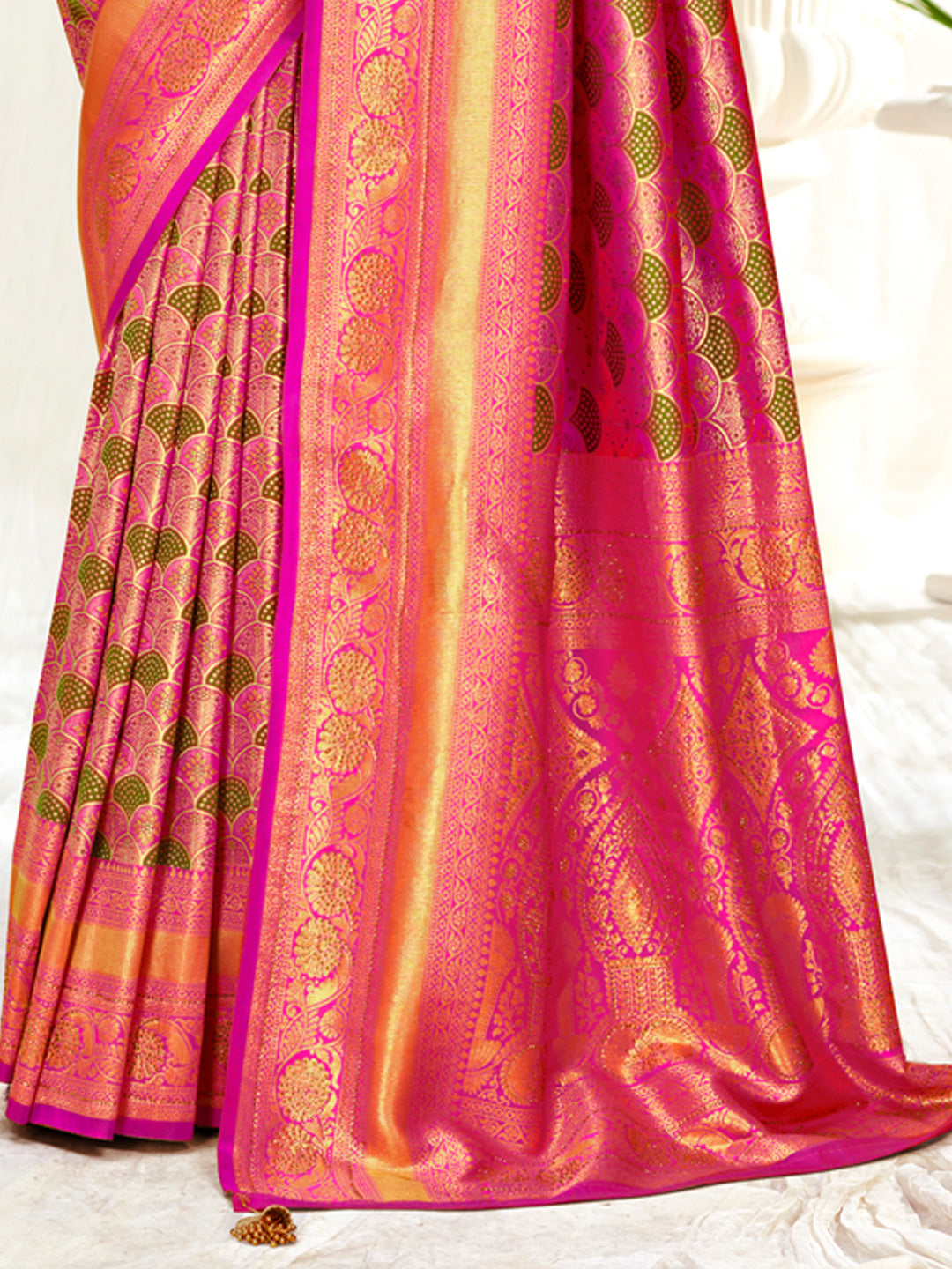 Women's Pink Banarasi Silk Woven Work Traditional Tassels Saree - Sangam Prints