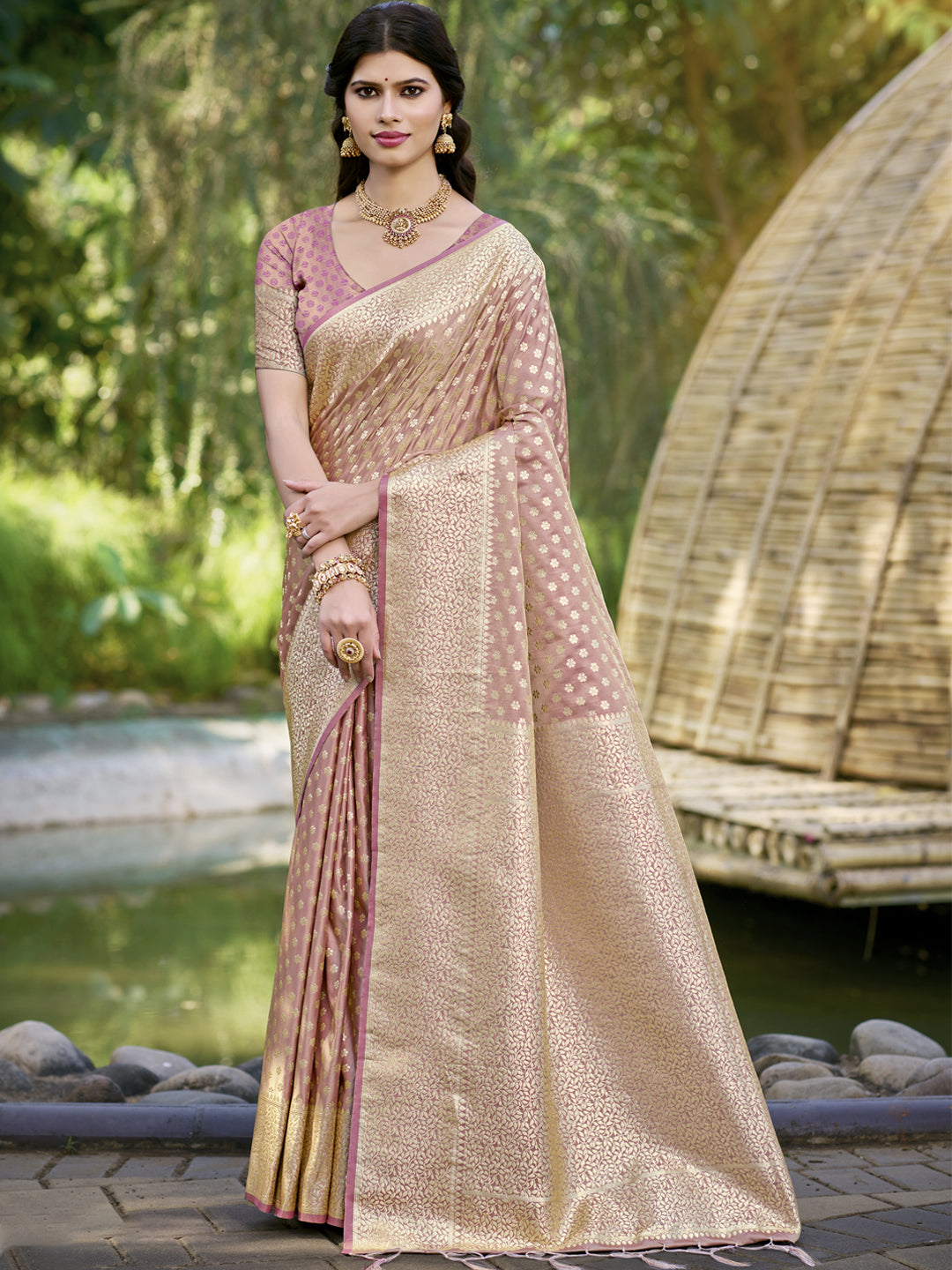 Women's Pink Silk Woven Work Saree - Sangam Prints