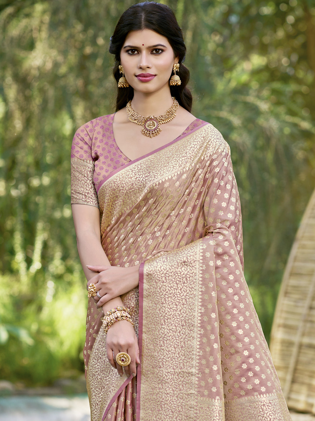 Women's Pink Silk Woven Work Saree - Sangam Prints