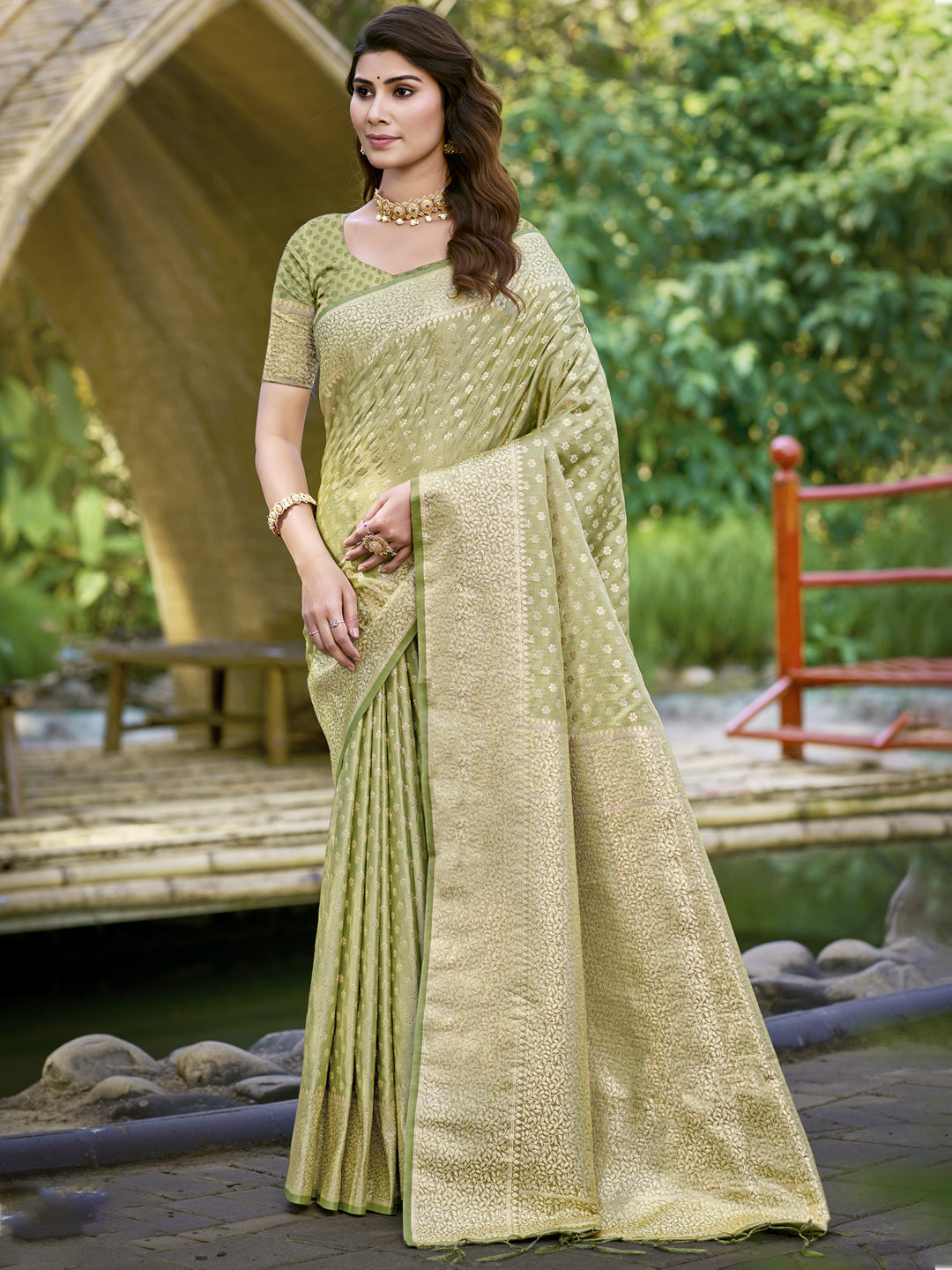 Women's Olive Green Silk Woven Work Saree - Sangam Prints