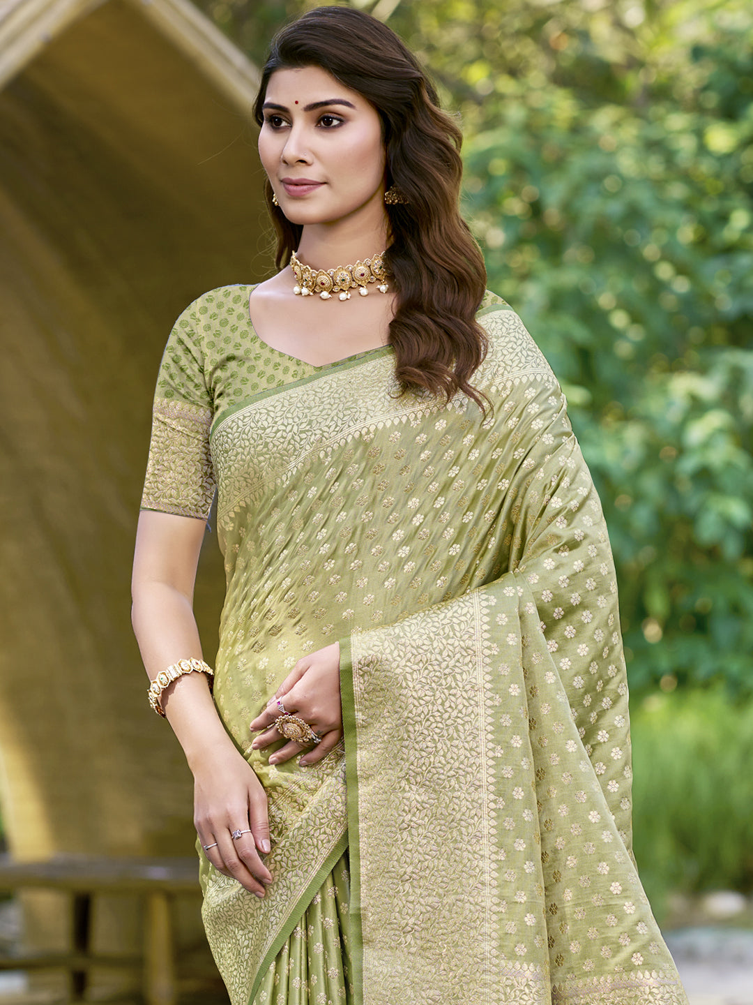 Women's Olive Green Silk Woven Work Saree - Sangam Prints