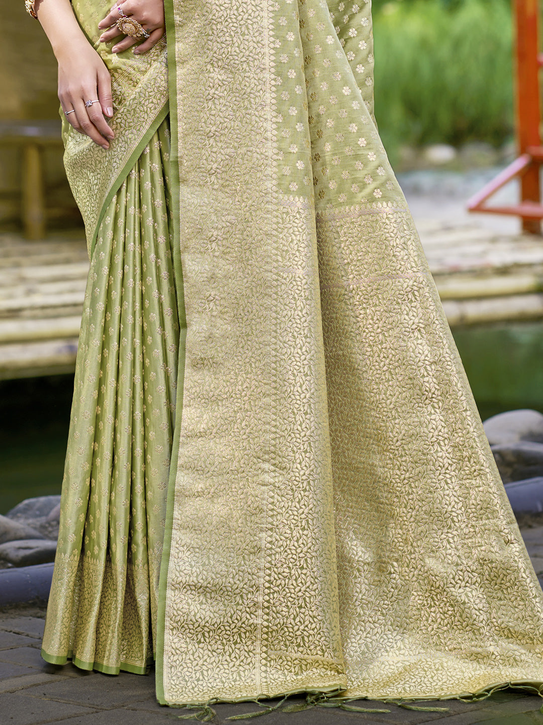 Women's Olive Green Silk Woven Work Saree - Sangam Prints