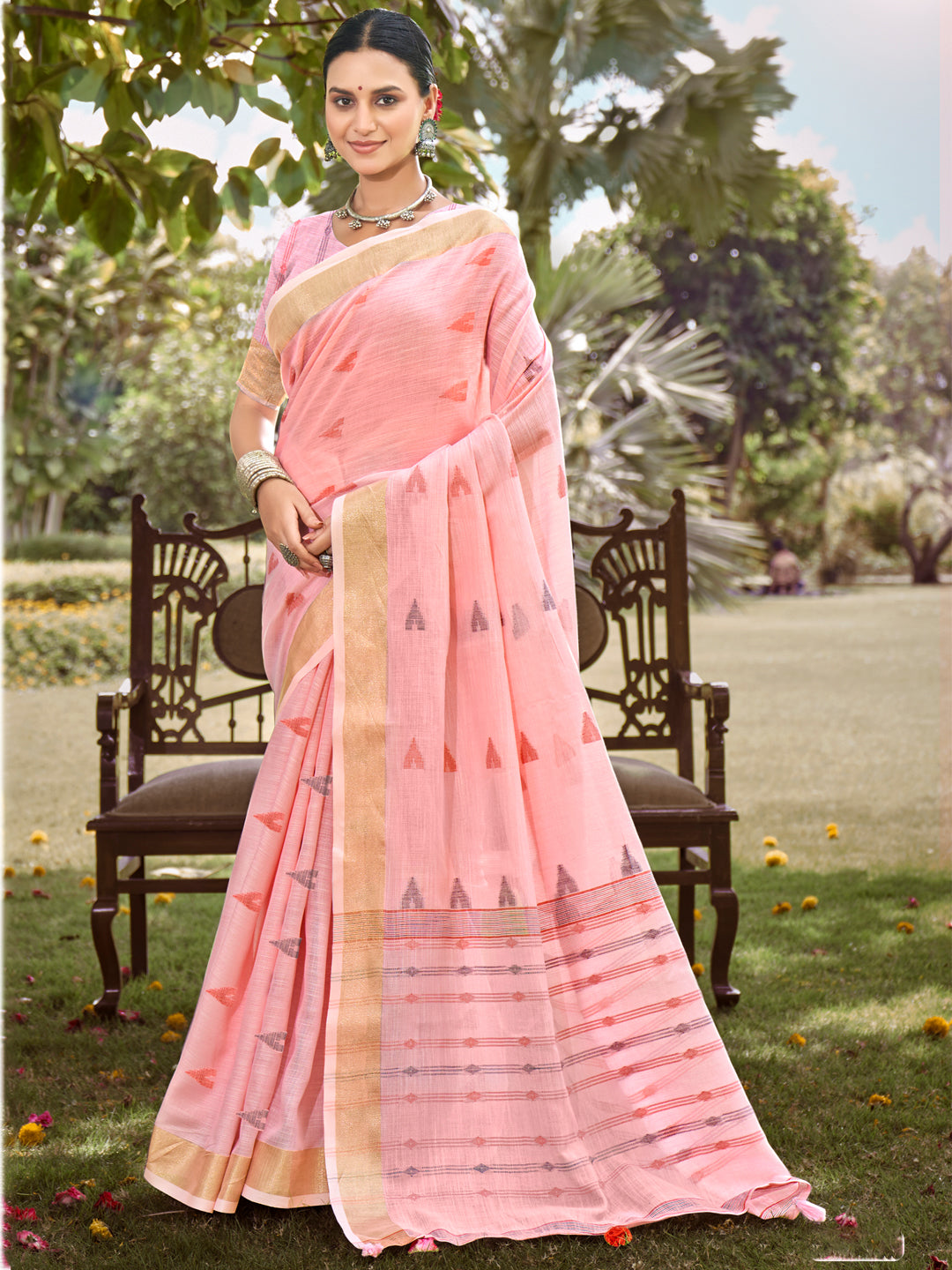 Pink Cotton Woven Work Party Wear Saree - Sangam Prints