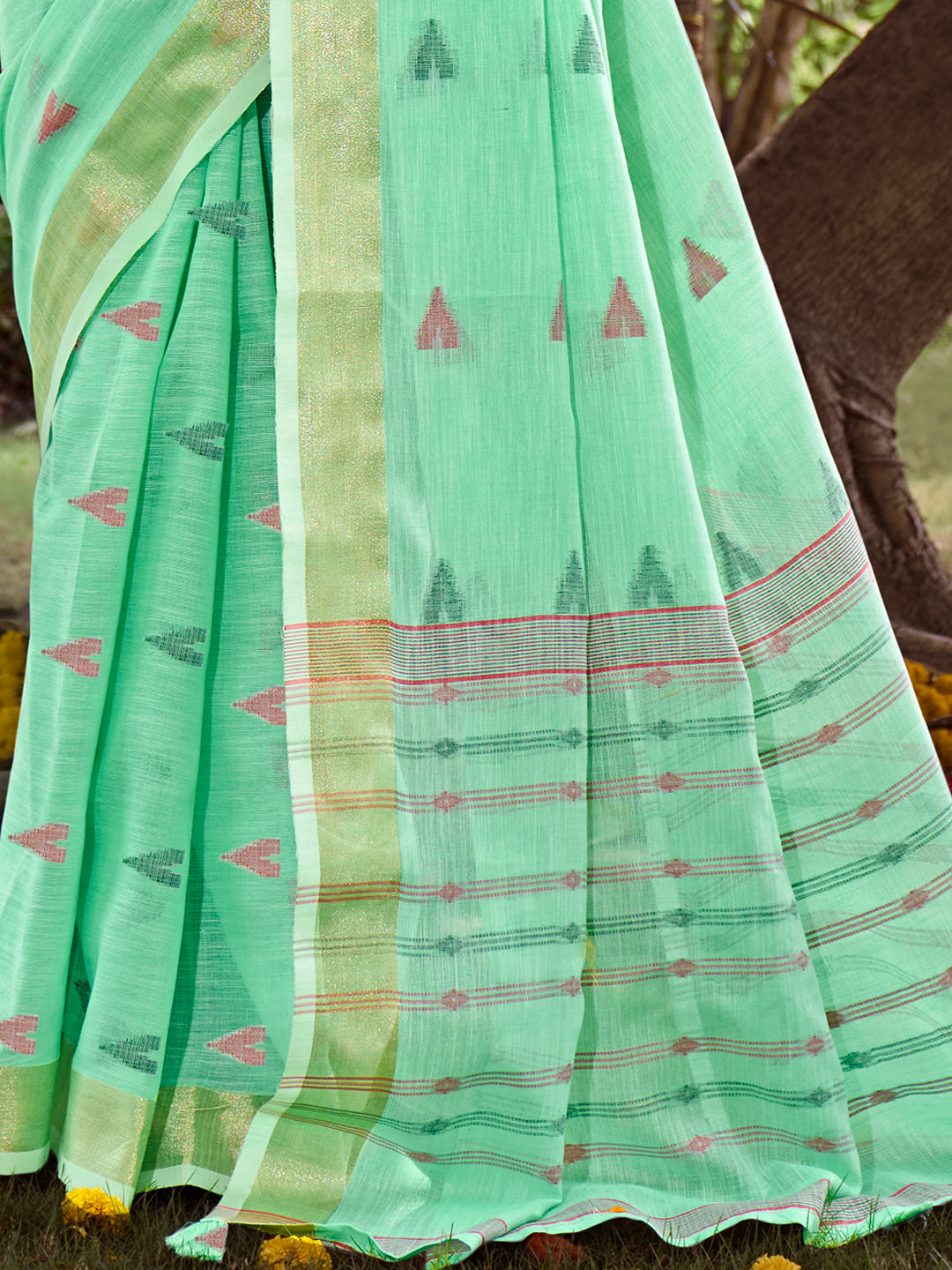 Sea Green Cotton Woven Work Party Wear Saree - Sangam Prints
