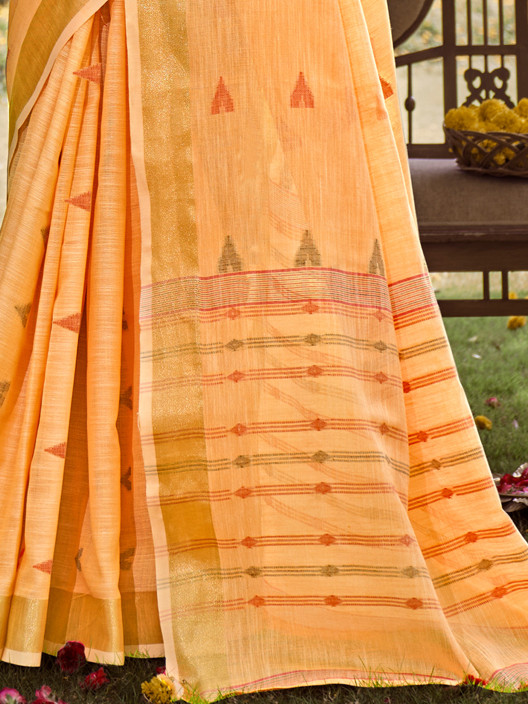 Orange Cotton Woven Work Party Wear Saree - Sangam Prints