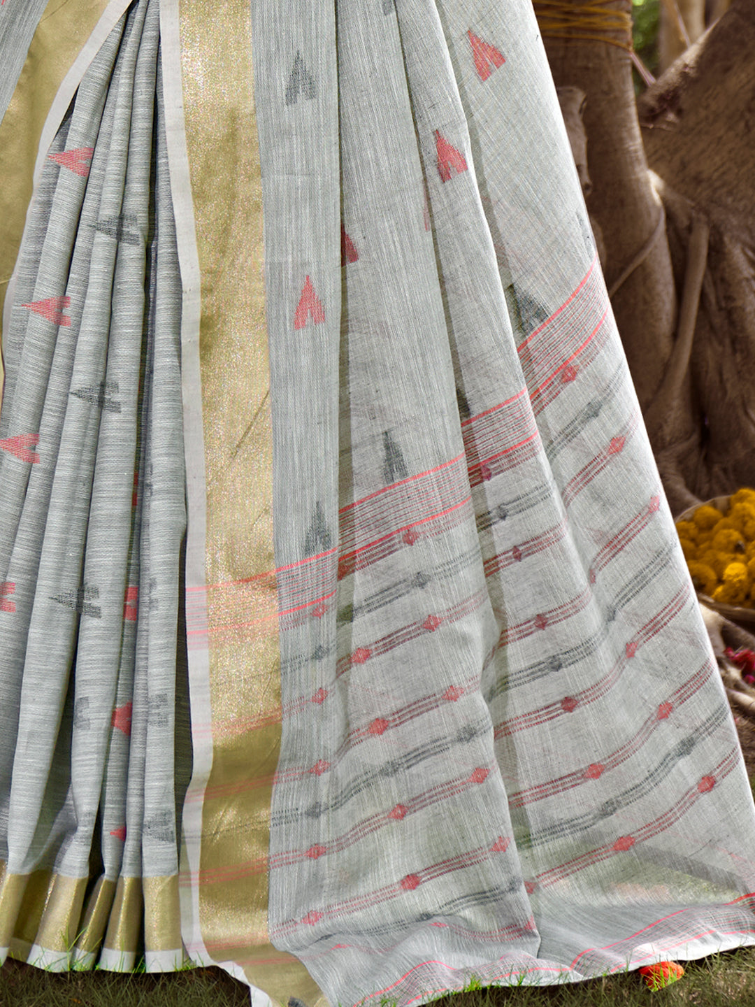 Grey Cotton Woven Work Party Wear Saree - Sangam Prints