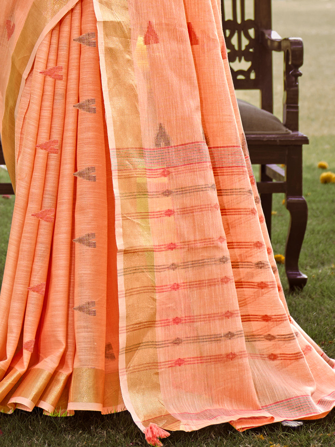 Peach Cotton Woven Work Party Wear Saree - Sangam Prints