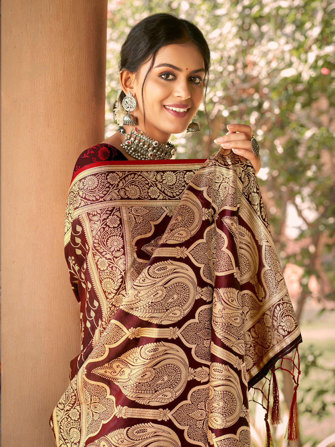 Women's Maroon Satin Silk Woven Work Traditional Tassels Saree - Sangam Prints