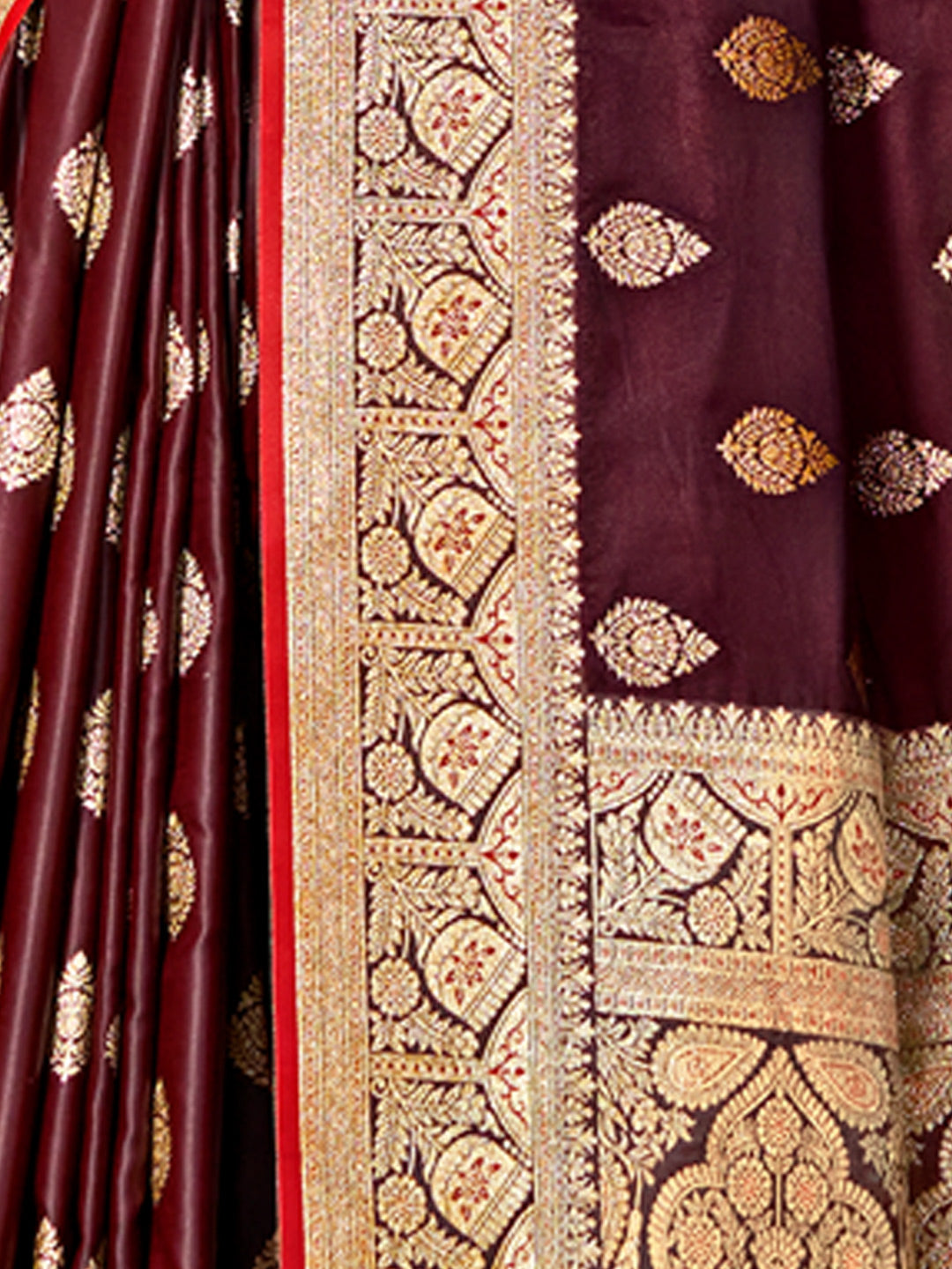 Women's Maroon Satin Silk Woven Work Traditional Tassels Saree - Sangam Prints