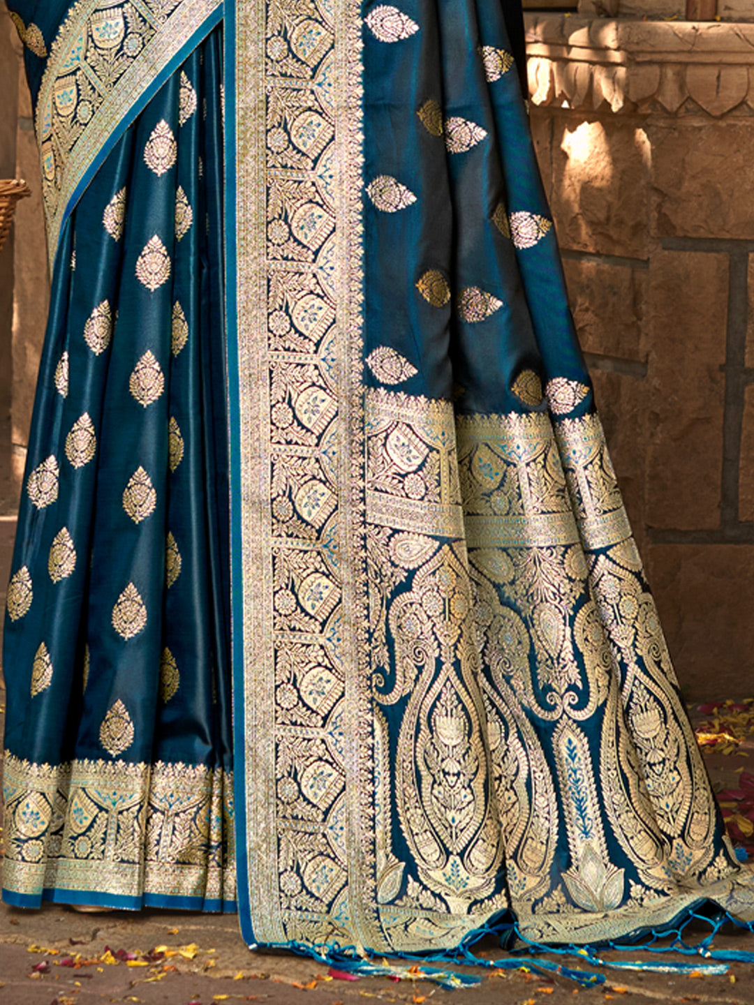 Women's Navy Blue Satin Silk Woven Work Traditional Tassels Saree - Sangam Prints
