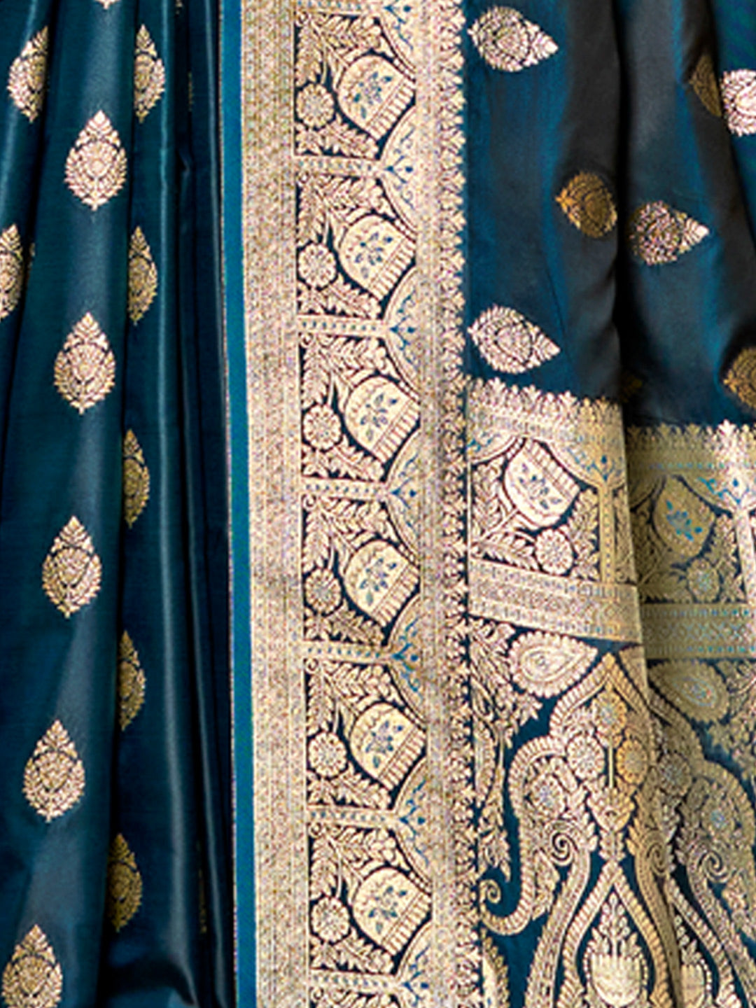 Women's Navy Blue Satin Silk Woven Work Traditional Tassels Saree - Sangam Prints