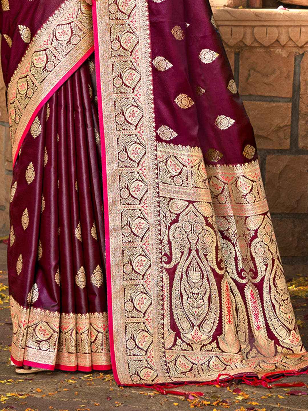 Women's Wine Satin Silk Woven Work Traditional Tassels Saree - Sangam Prints
