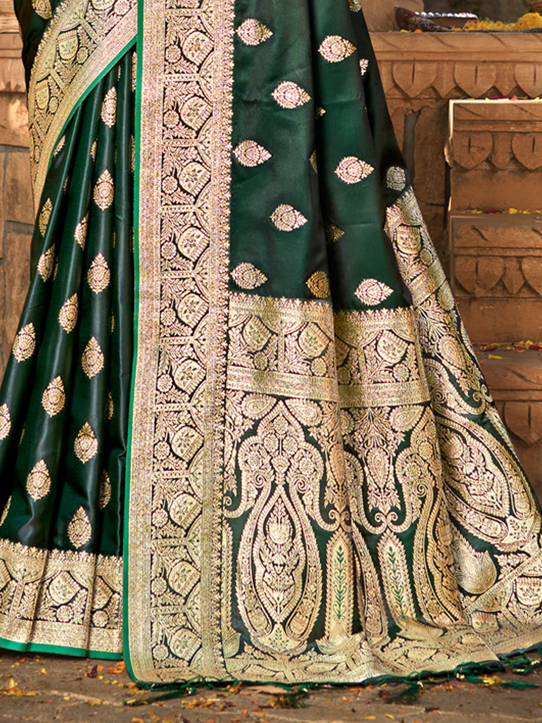 Women's Green Satin Silk Woven Work Traditional Tassels Saree - Sangam Prints
