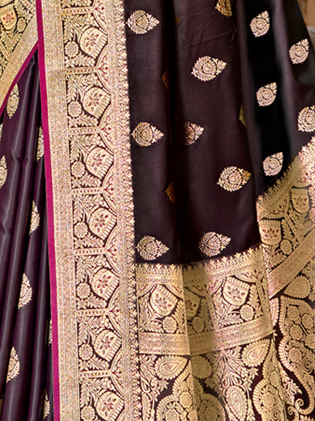 Women's Dark Wine Satin Silk Woven Work Traditional Tassels Saree - Sangam Prints