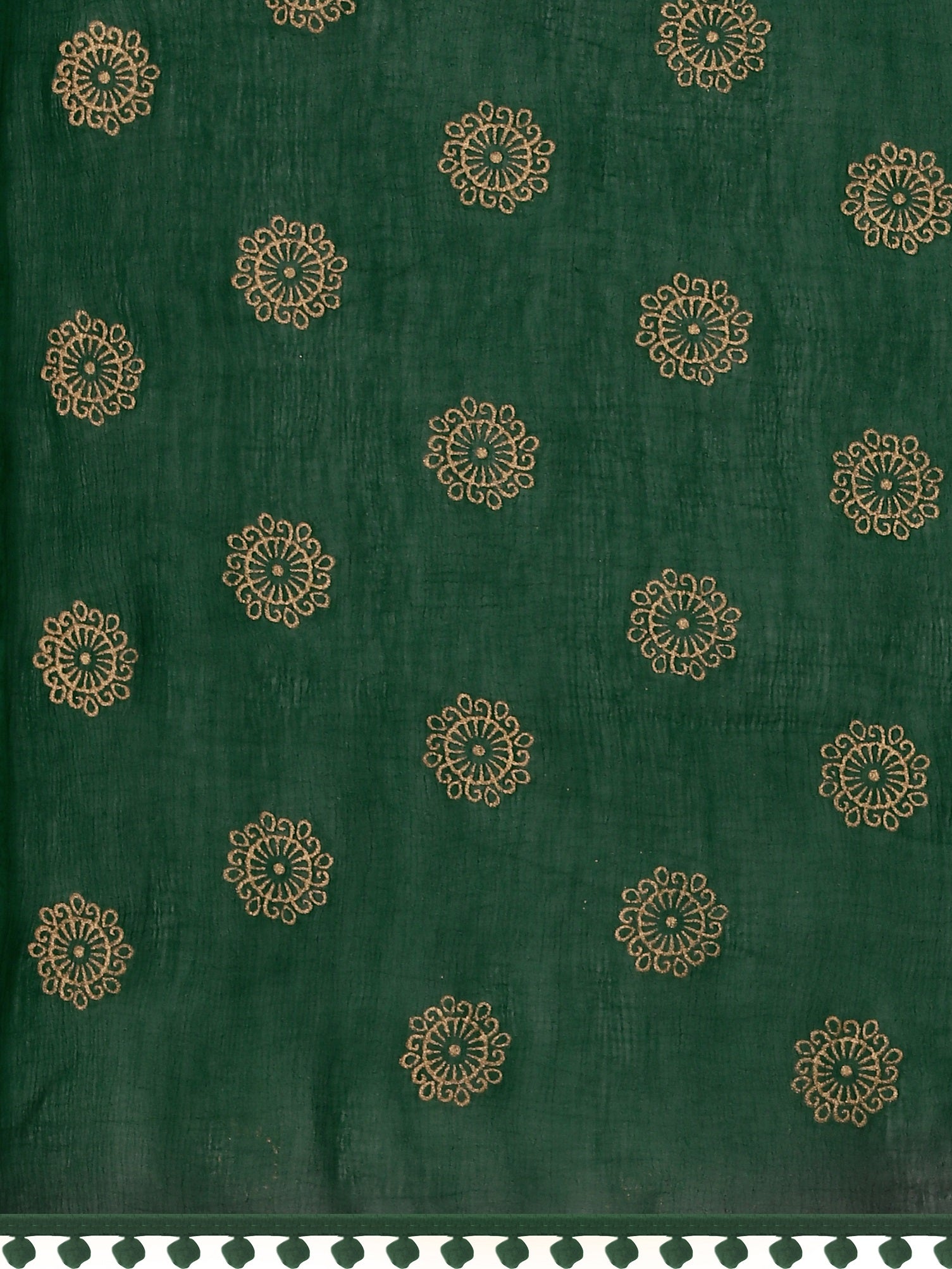 Women's Dark Green Floral Butta Block Print Chiffon Dupatta With Pompom - NIMIDHYA