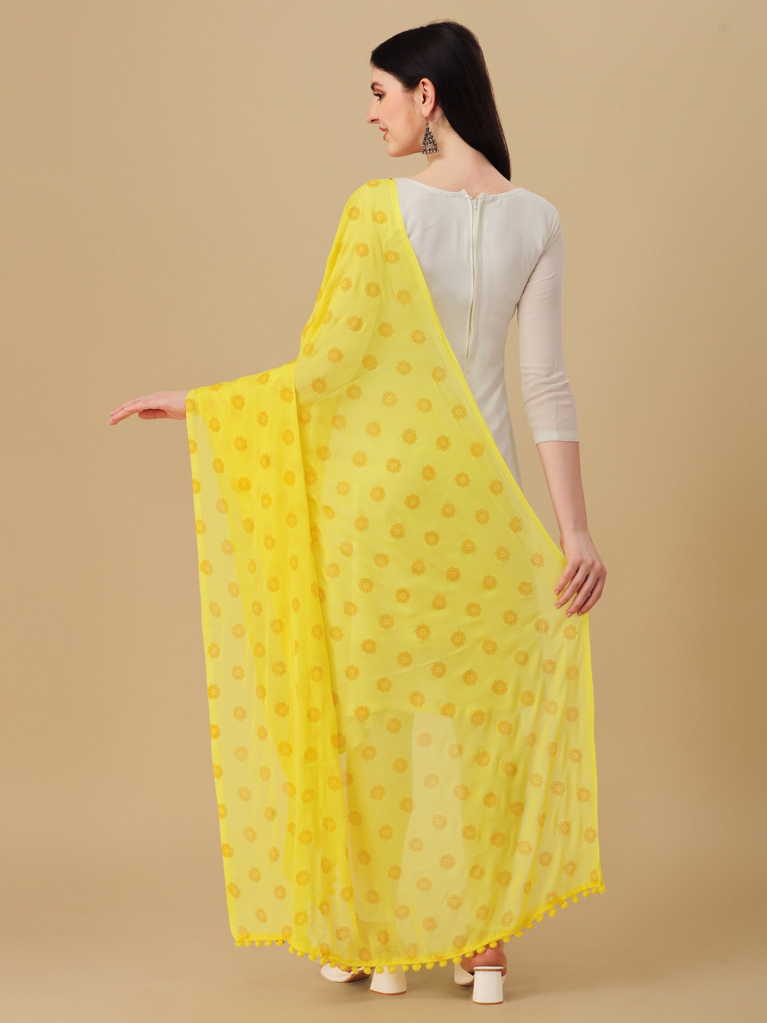 Women's Lemon Yellow Floral Butta Block Print Chiffon Dupatta With Pompom - NIMIDHYA
