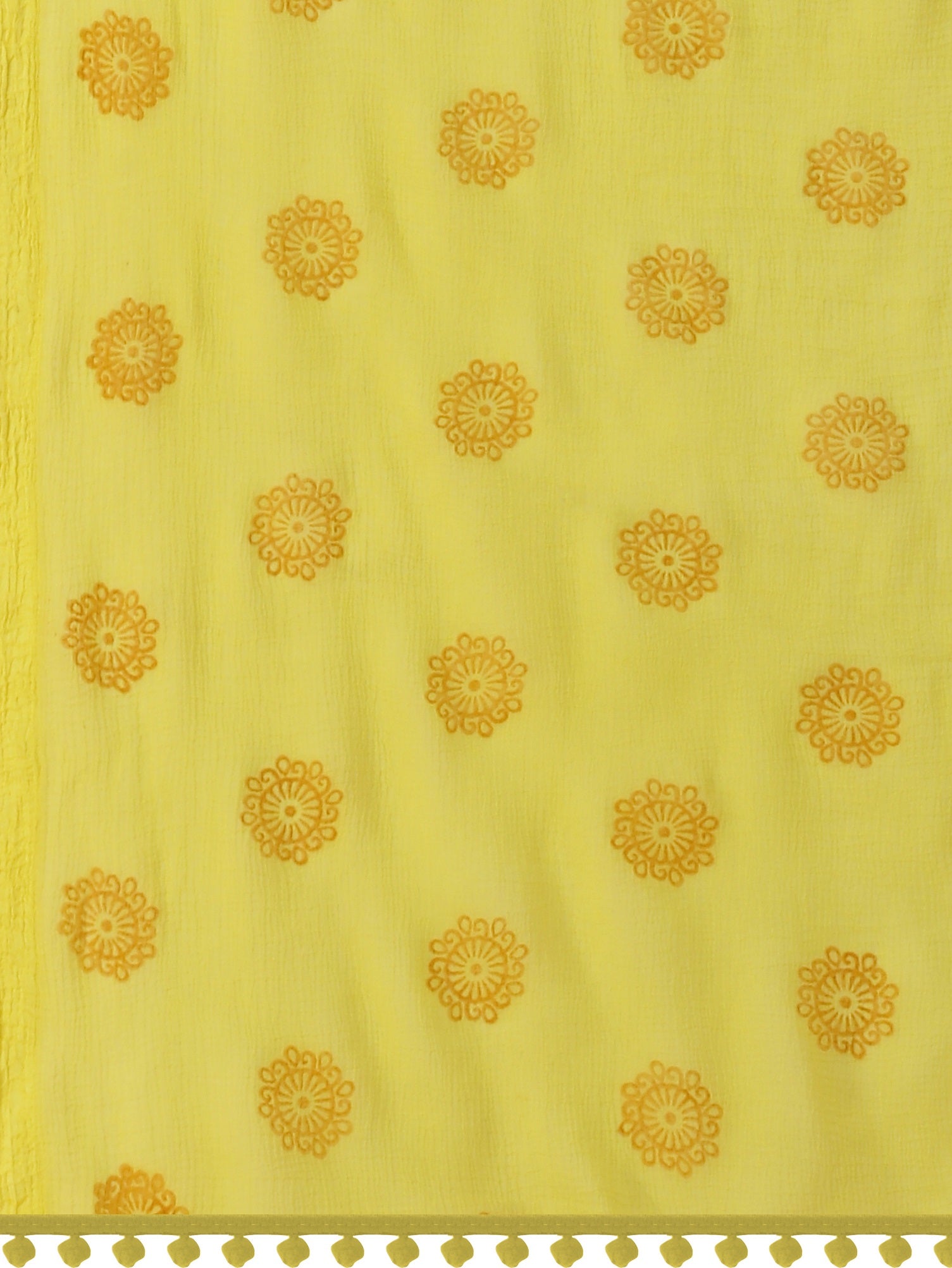 Women's Lemon Yellow Floral Butta Block Print Chiffon Dupatta With Pompom - NIMIDHYA