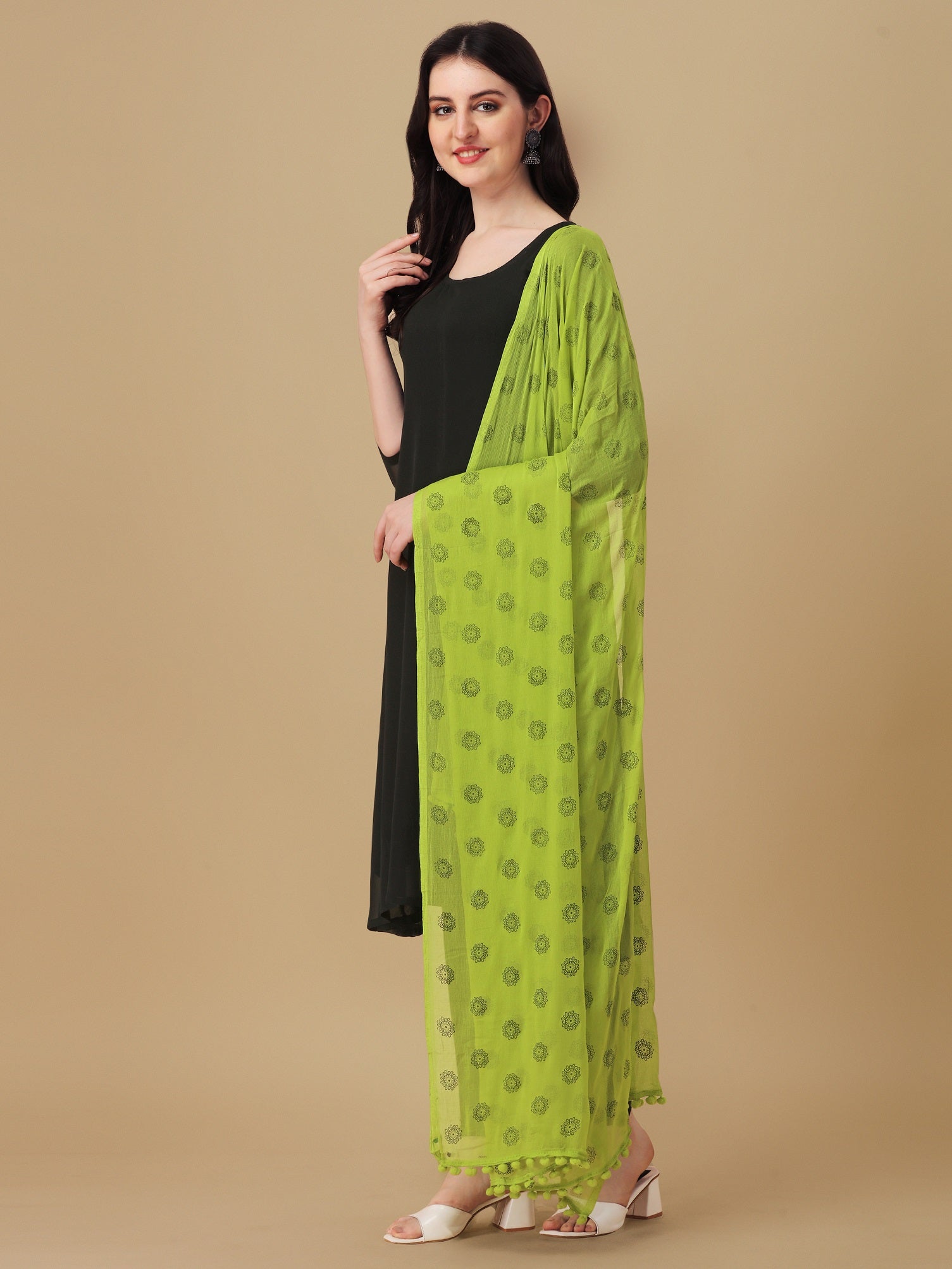 Women's Light Green Floral Butta Block Print Chiffon Dupatta With Pompom - NIMIDHYA