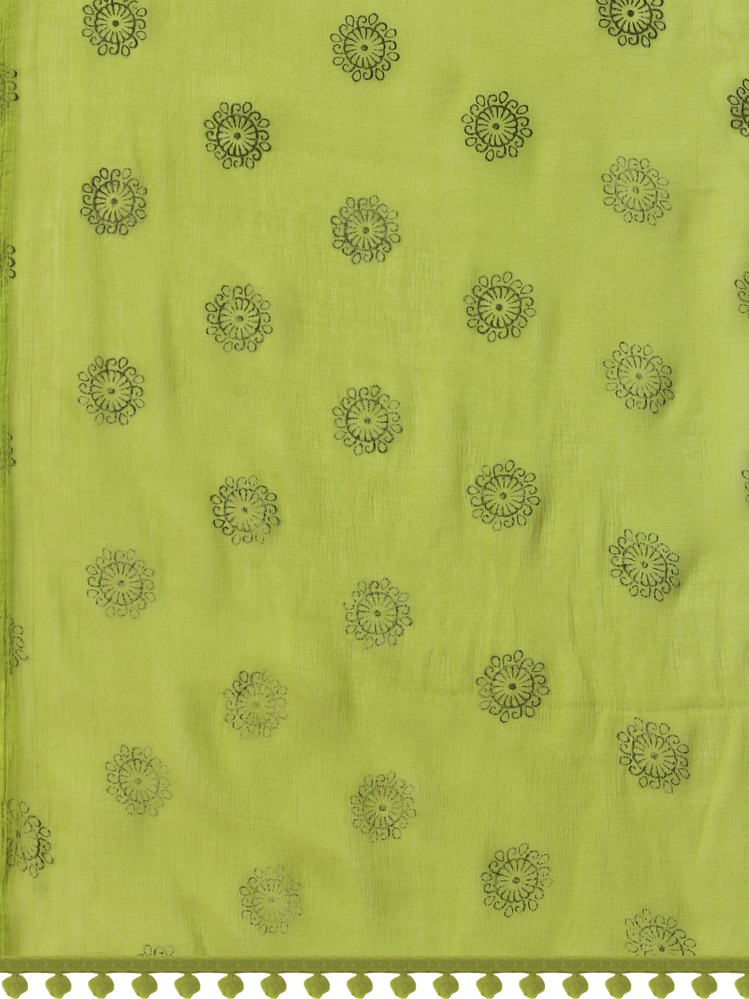 Women's Light Green Floral Butta Block Print Chiffon Dupatta With Pompom - NIMIDHYA