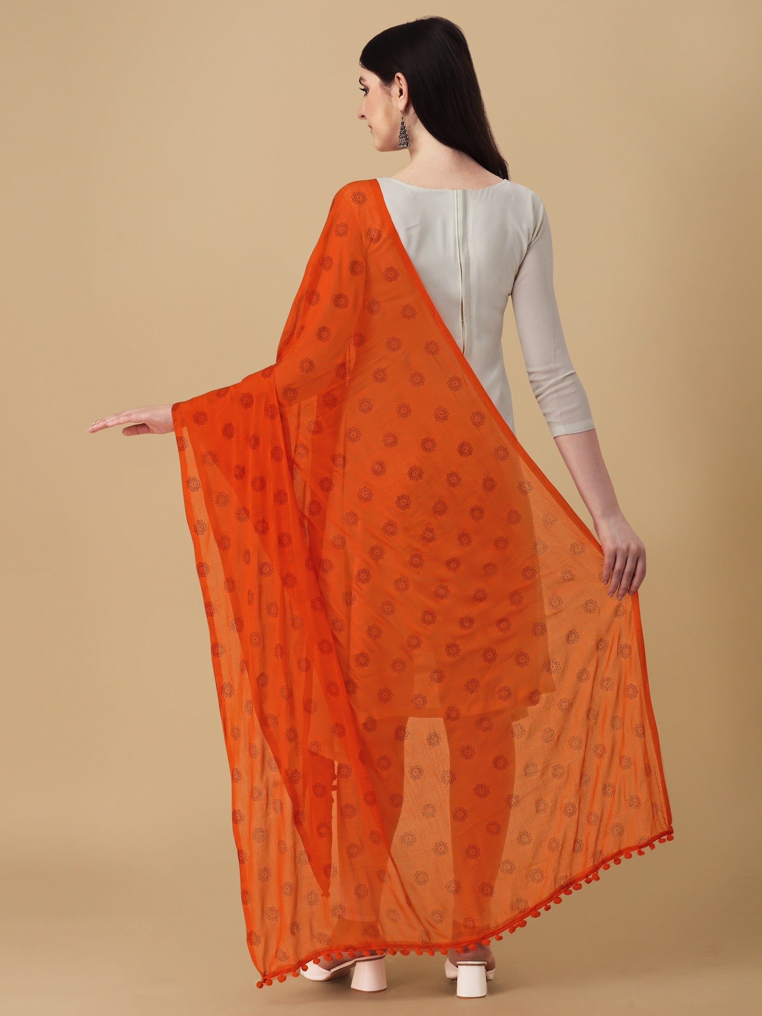 Women's Orange Floral Butta Block Print Chiffon Dupatta With Pompom - NIMIDHYA