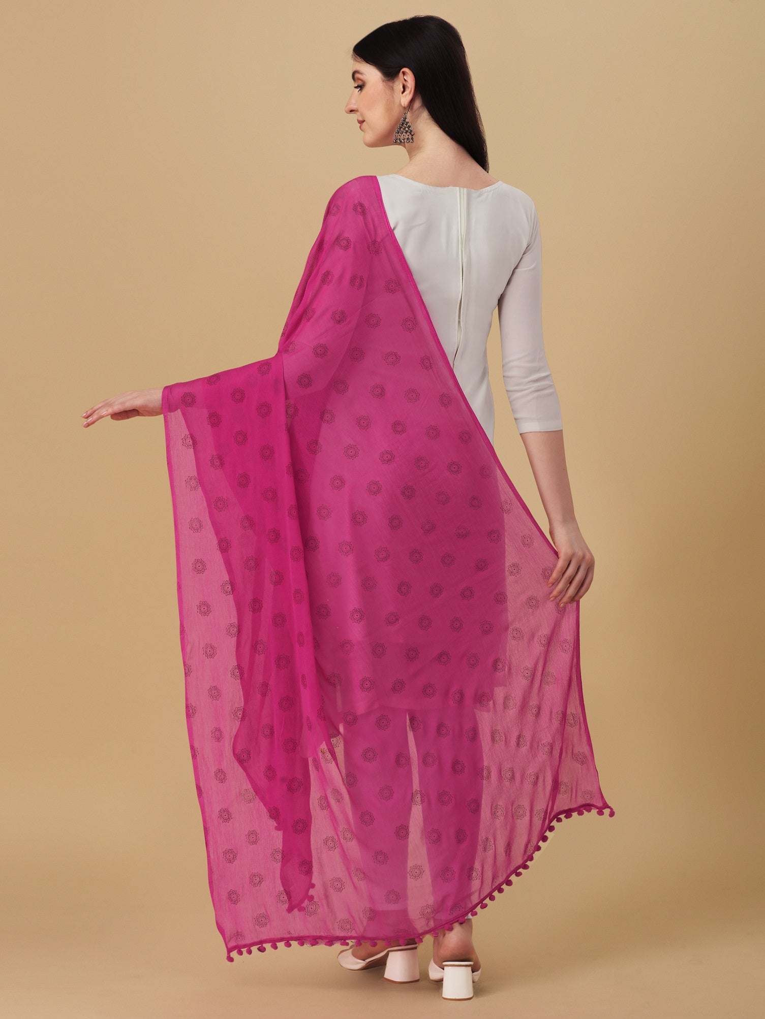 Women's Pink Floral Butta Block Print Chiffon Dupatta With Pompom - NIMIDHYA