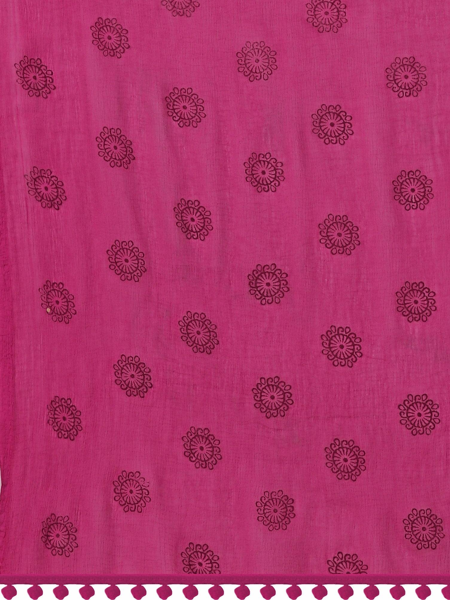 Women's Pink Floral Butta Block Print Chiffon Dupatta With Pompom - NIMIDHYA