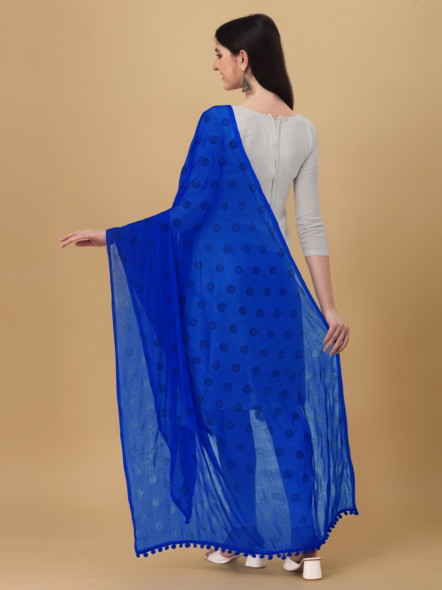 Women's Royal Blue Floral Butta Block Print Chiffon Dupatta With Pompom - NIMIDHYA