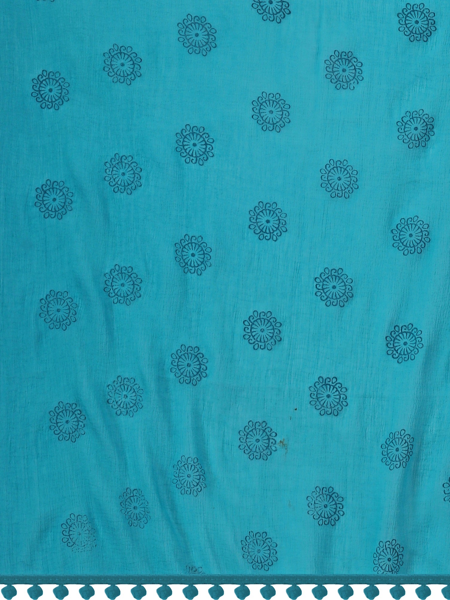 Women's Sky Blue Floral Butta Block Print Chiffon Dupatta With Pompom - NIMIDHYA