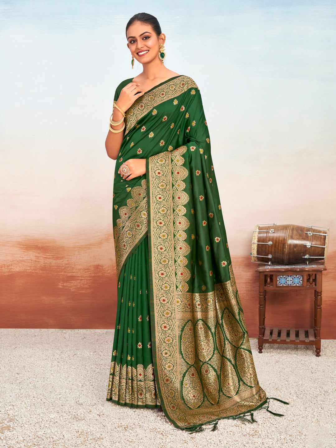 Women's Green Silk Woven Work Traditional Tassels Saree - Sangam Prints