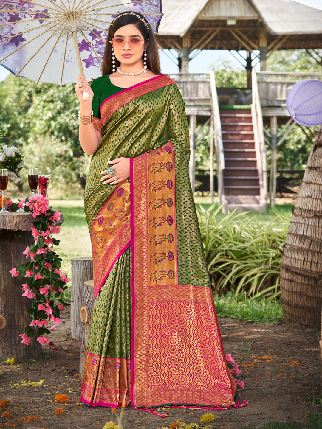 Women's Green Banarasi Silk Woven Work Traditional Tassels Saree - Sangam Prints