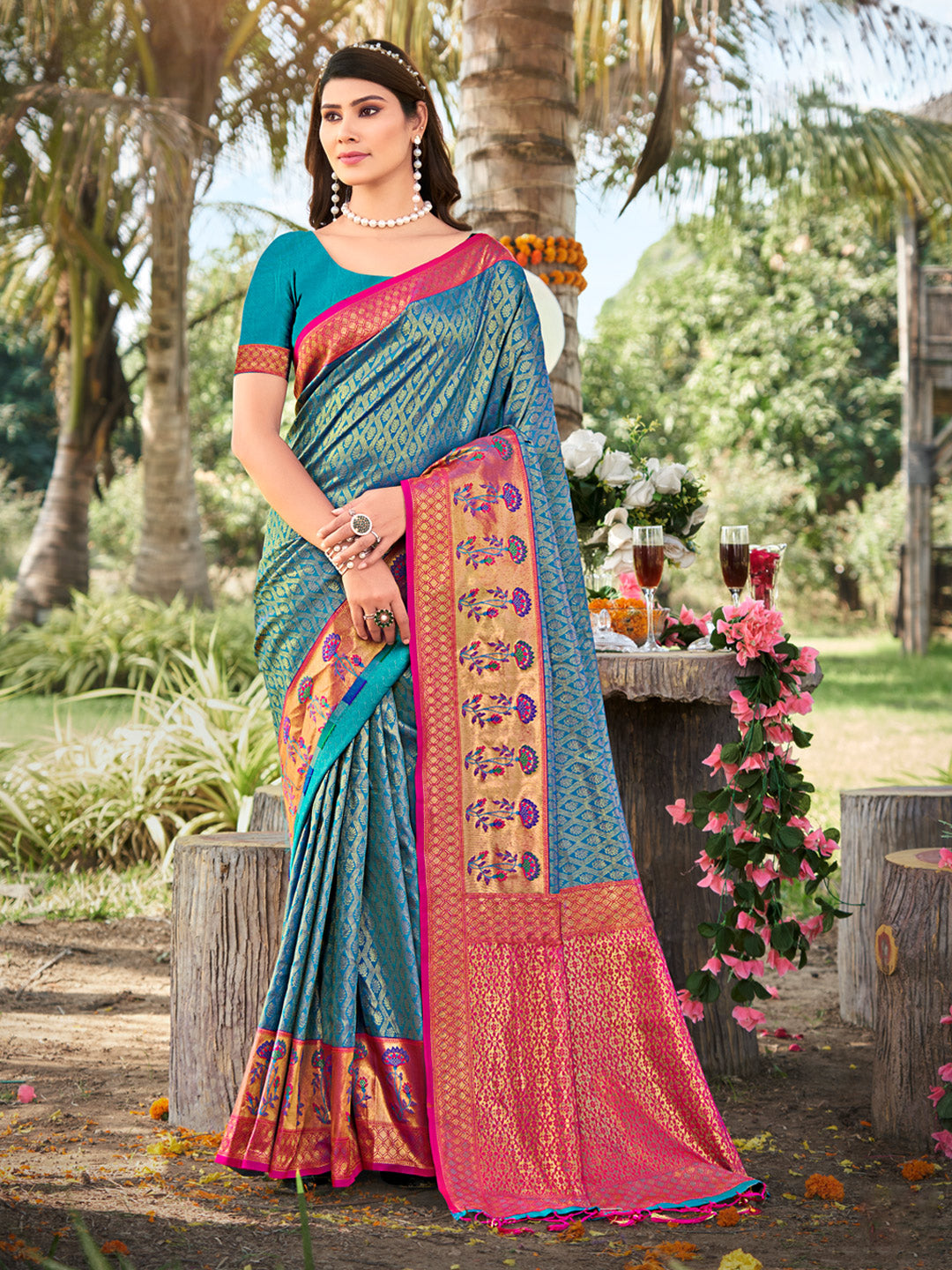Women's Sky Blue Banarasi Silk Woven Work Traditional Tassels Saree - Sangam Prints