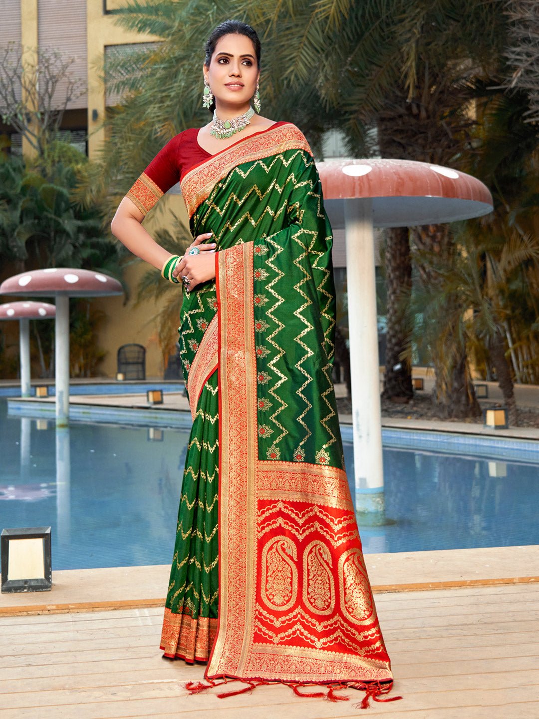 Women's Dark Green Banarasi Silk Woven Work Traditional Tassels Saree - Sangam Prints