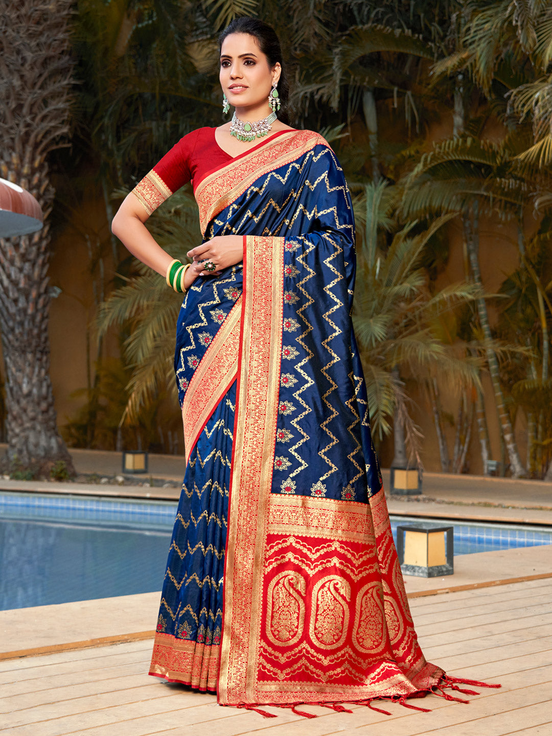 Women's Blue Banarasi Silk Woven Work Traditional Tassels Saree - Sangam Prints