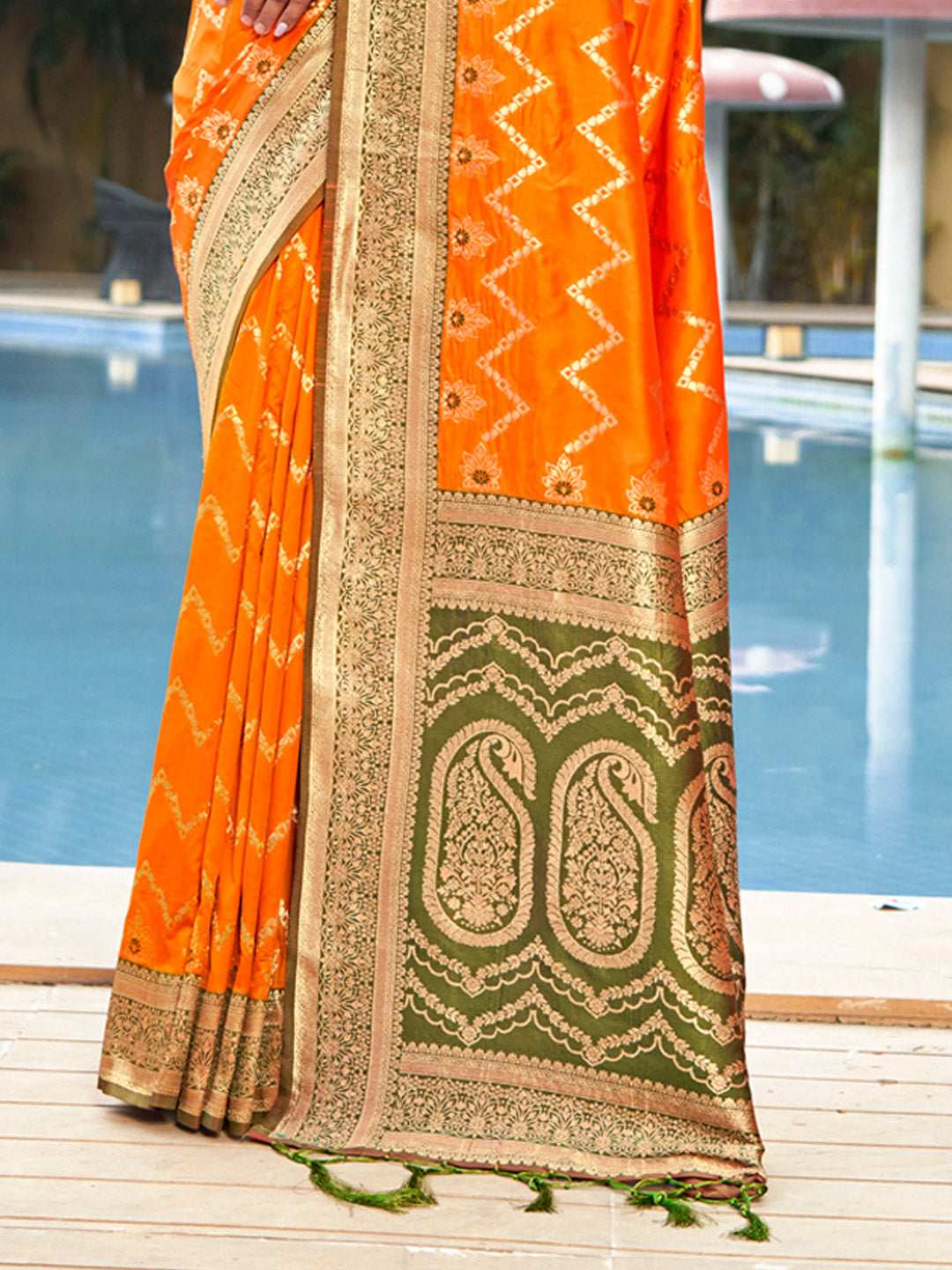 Women's Orange Banarasi Silk Woven Work Traditional Tassels Saree - Sangam Prints