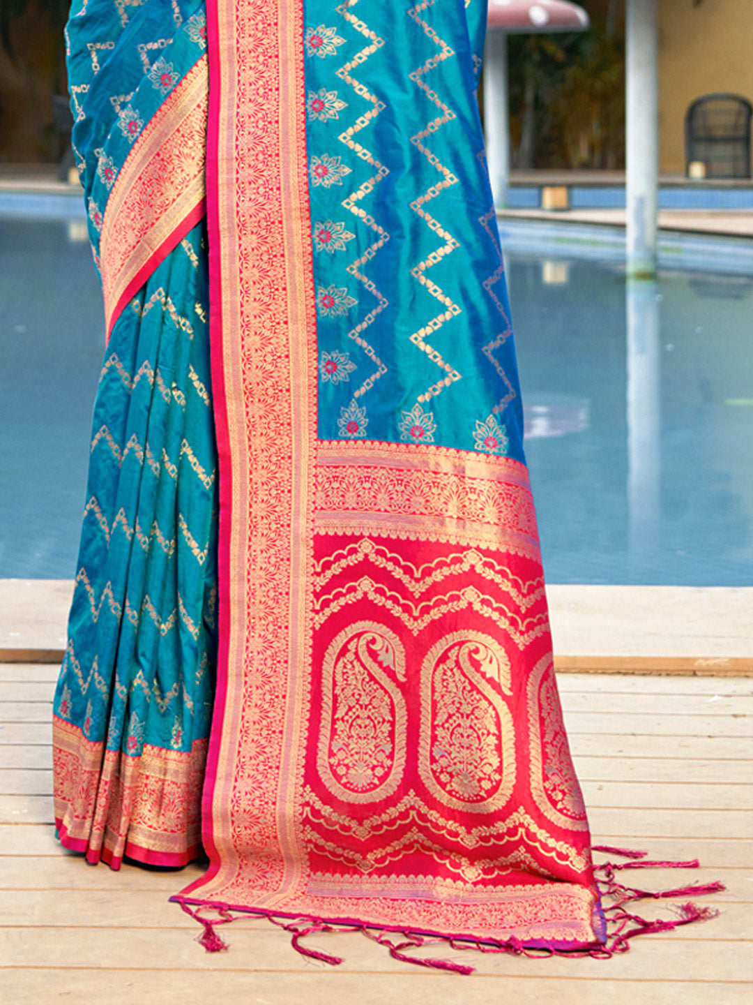 Women's Sky Blue Banarasi Silk Woven Work Traditional Tassels Saree - Sangam Prints