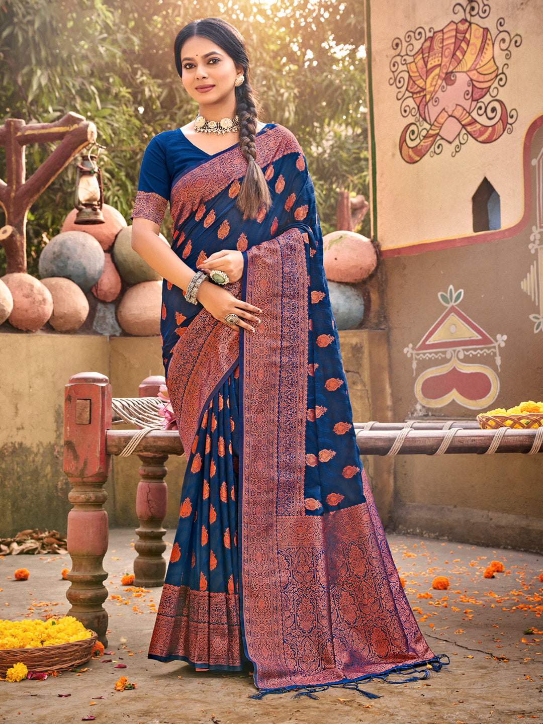 Women's Dark Blue Banarasi Silk Woven Work Traditional Tassels Saree - Sangam Prints
