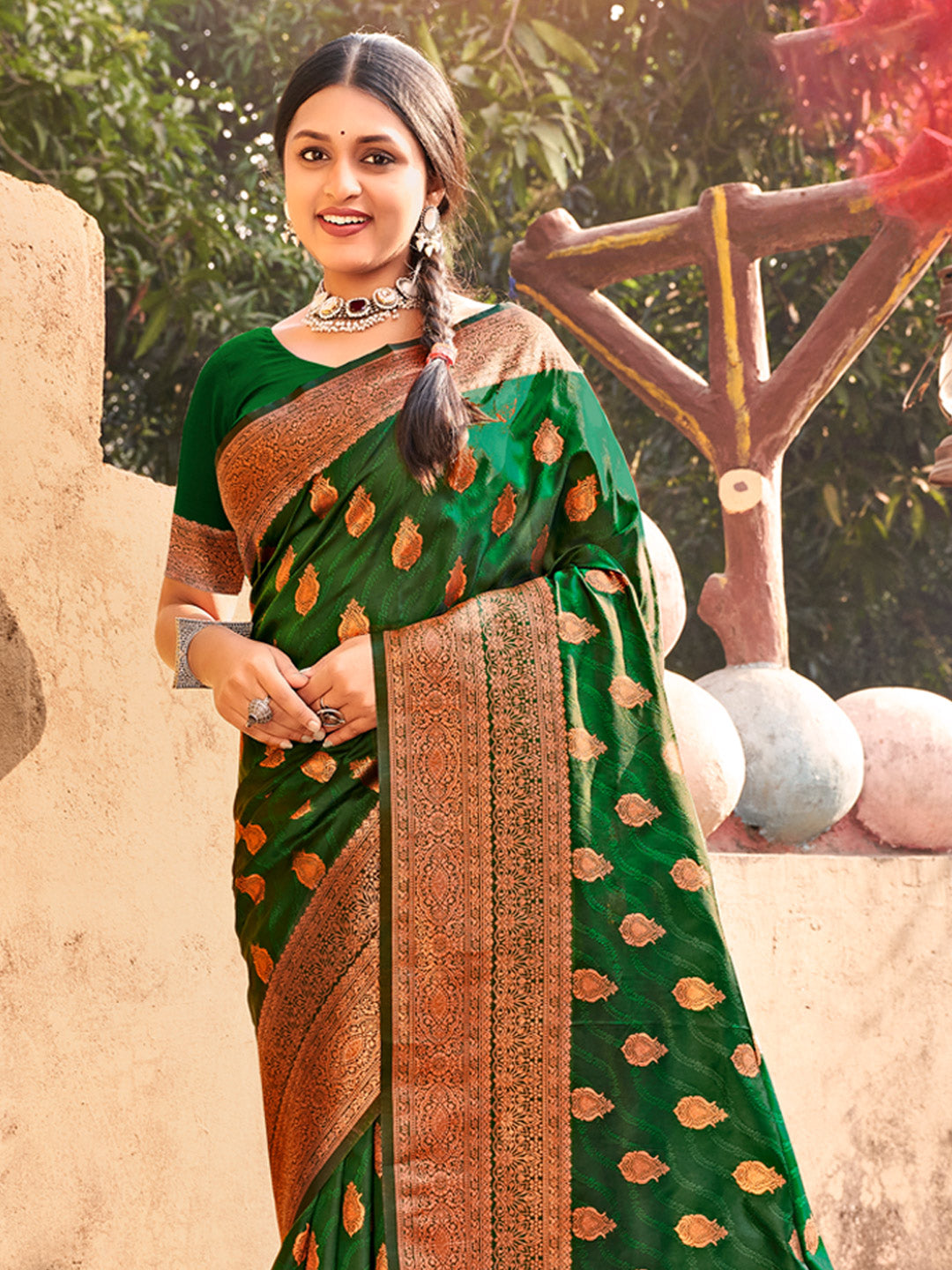 Women's Dark Green Banarasi Silk Woven Work Traditional Tassels Saree - Sangam Prints