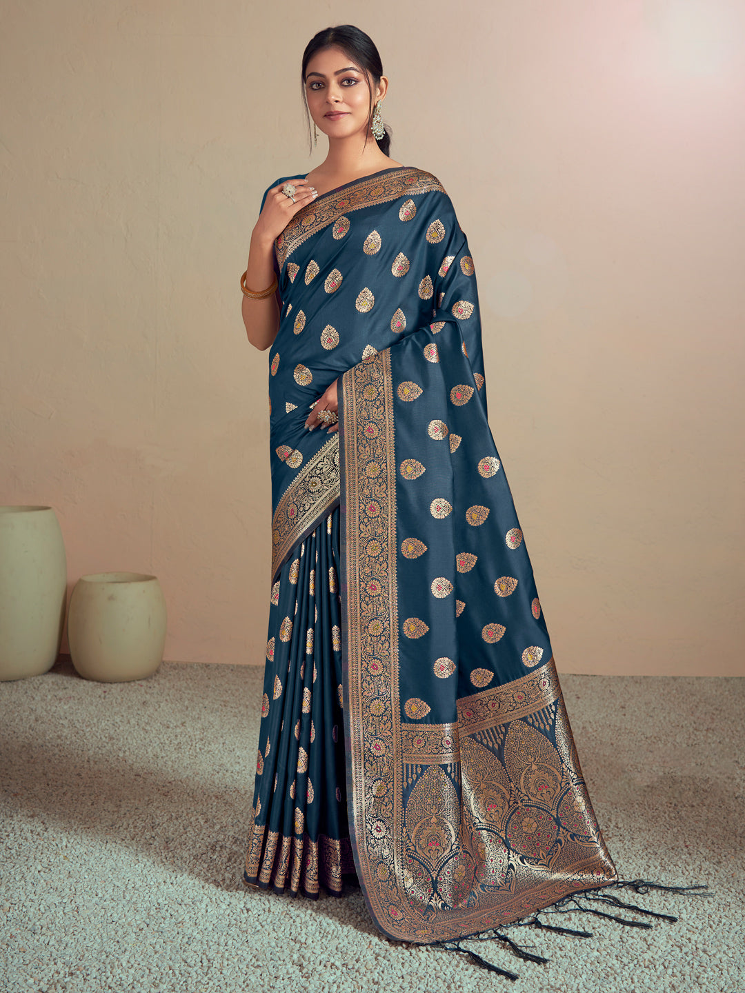 Women's Navy Blue Silk Woven Work Traditional Tassels Saree - Sangam Prints