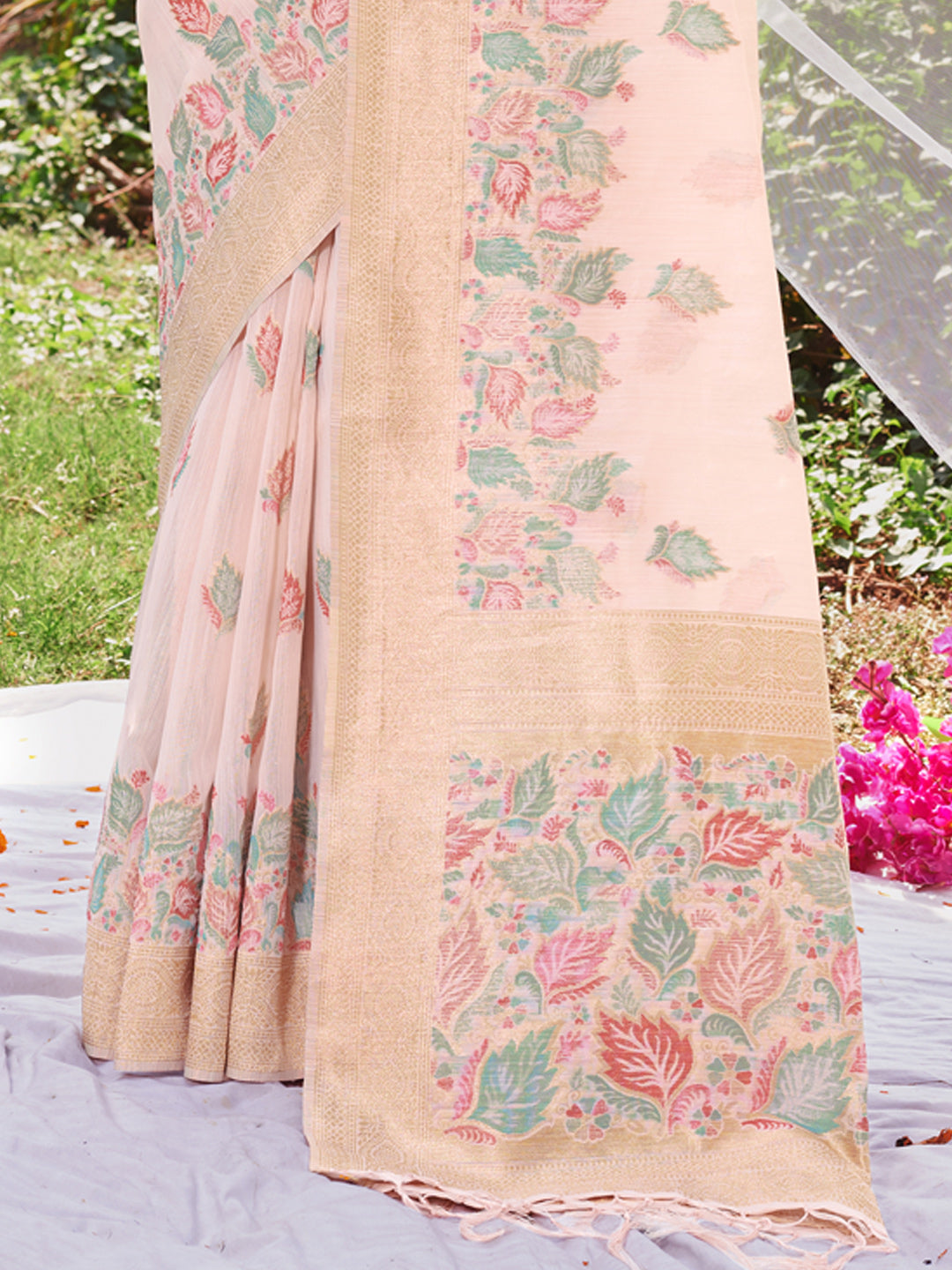 Women's Light Pink Cotton Digital Print Traditional Tassels Saree - Sangam Prints