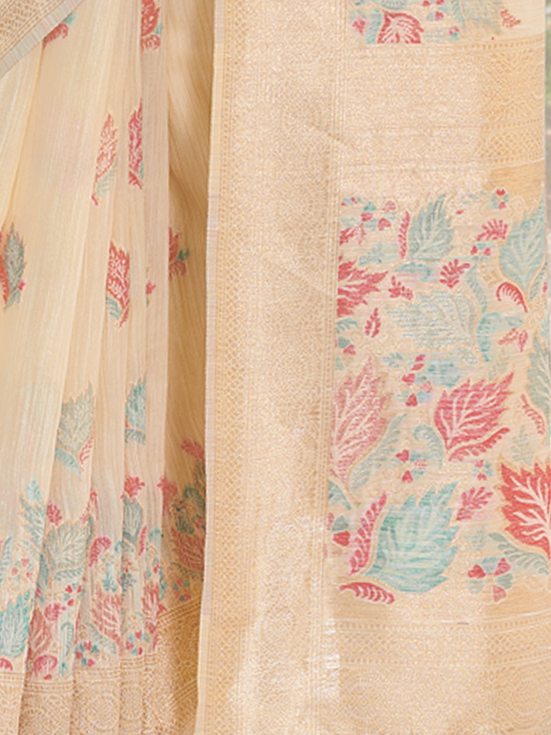 Women's Cream Cotton Digital Print Traditional Tassels Saree - Sangam Prints