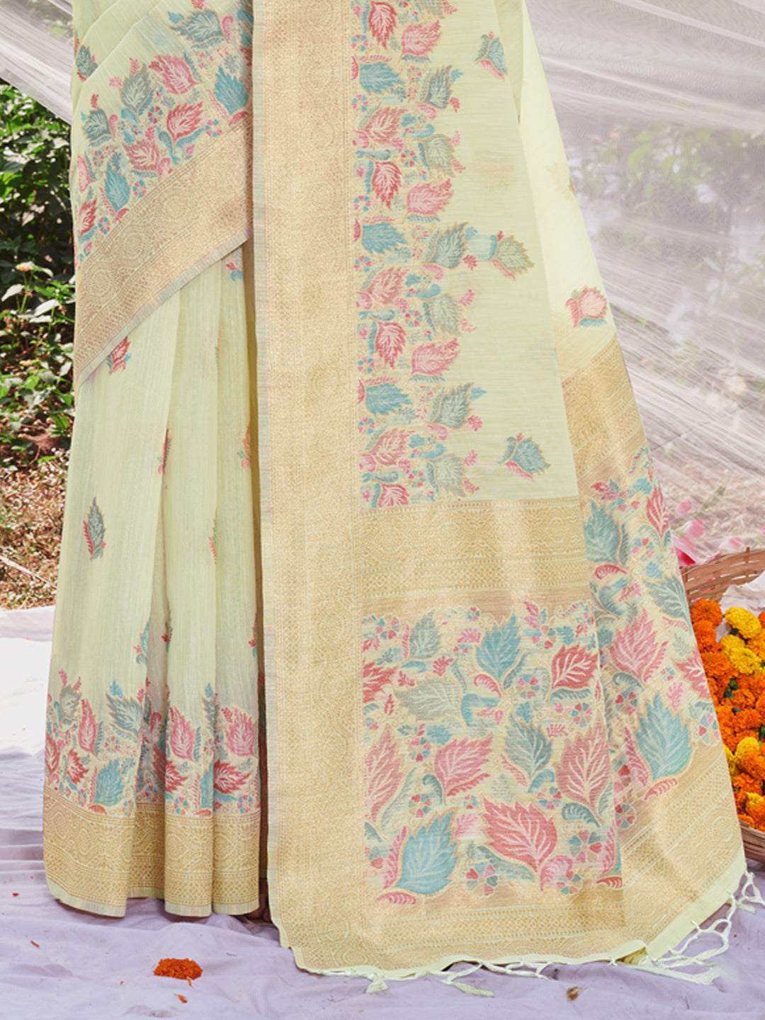 Women's Light Green Cotton Digital Print Traditional Tassels Saree - Sangam Prints
