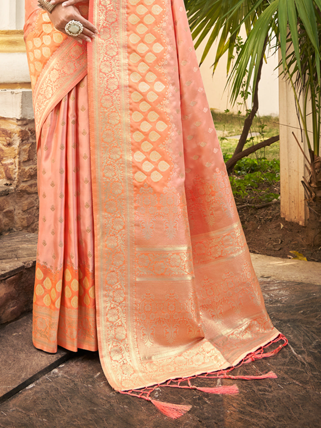 Women's Orange Kanjivaram Silk Woven Work Traditional Tassels Saree - Sangam Prints