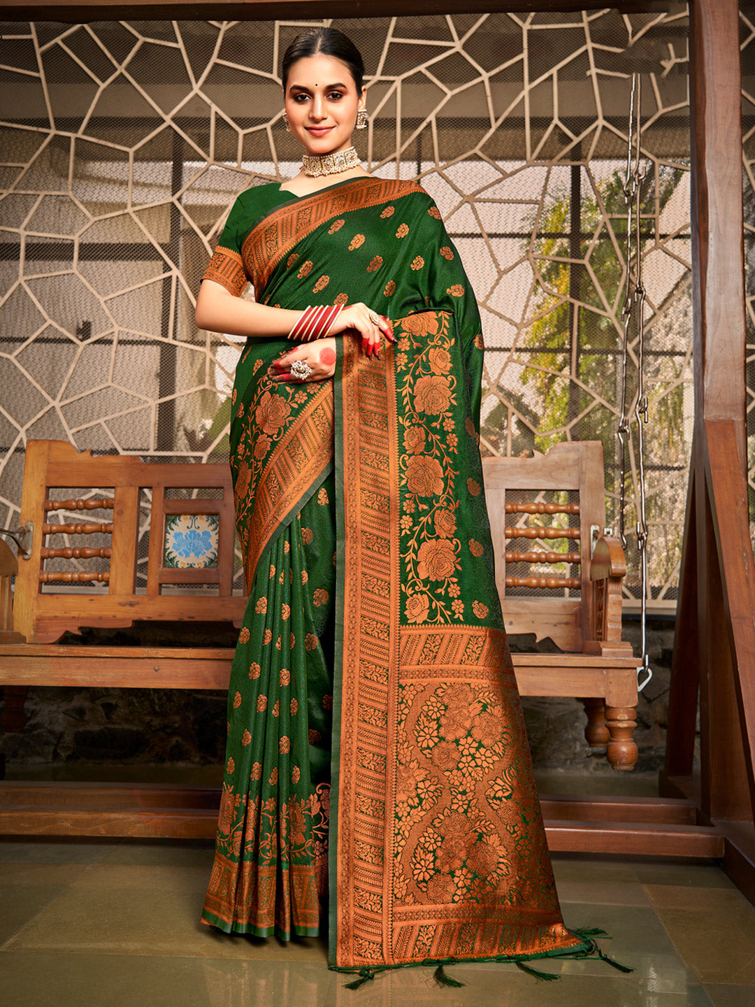 Women's Dark Green Silk Woven Work Traditional Tassels Saree - Sangam Prints