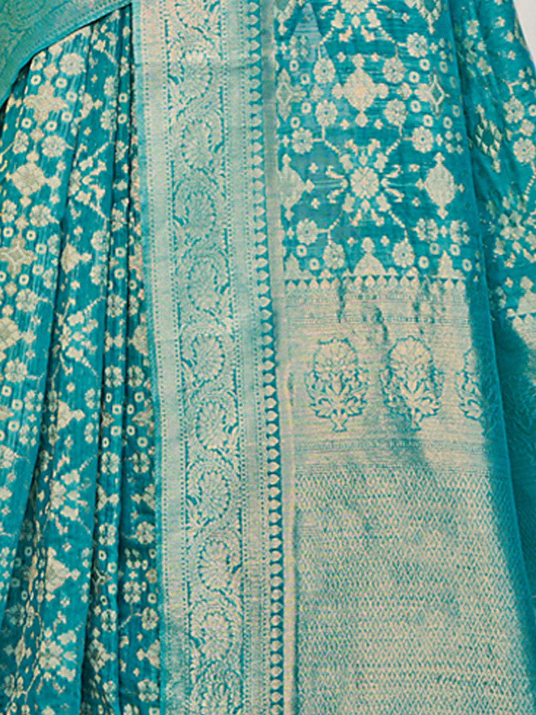 Women's Turquoise Cotton Woven Work Traditional Tassels Saree - Sangam Prints