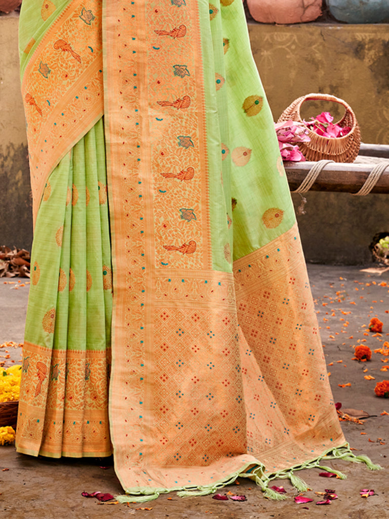Women's Light Green Silk Woven Work Traditional Tassels Saree