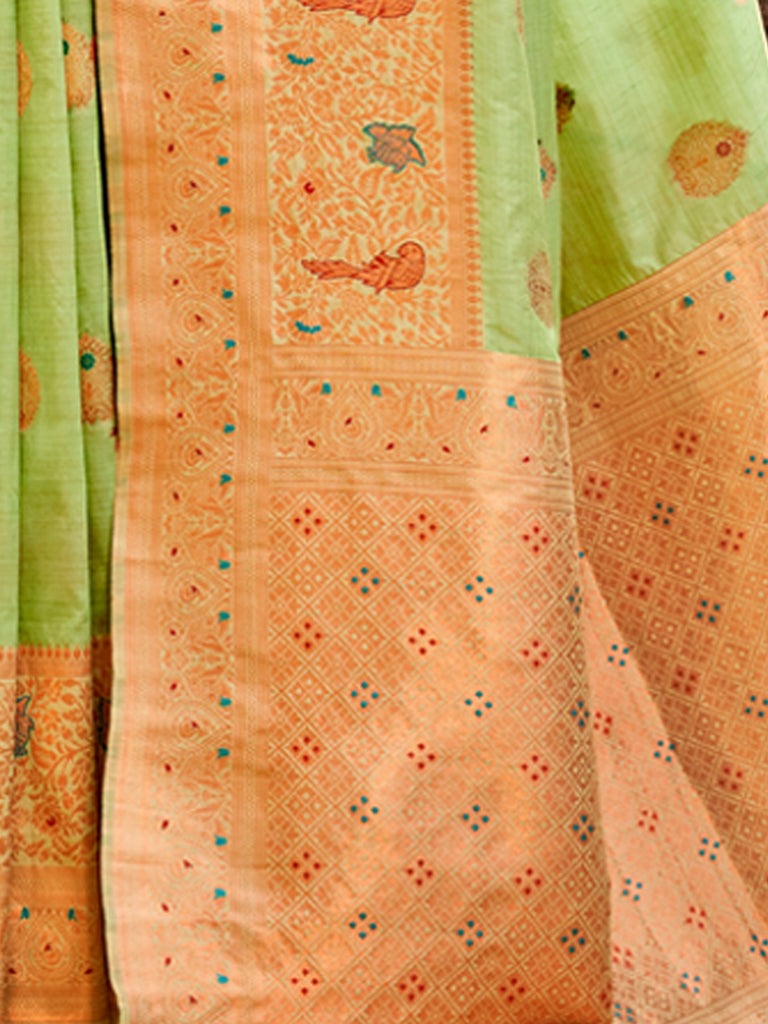 Women's Light Green Silk Woven Work Traditional Tassels Saree